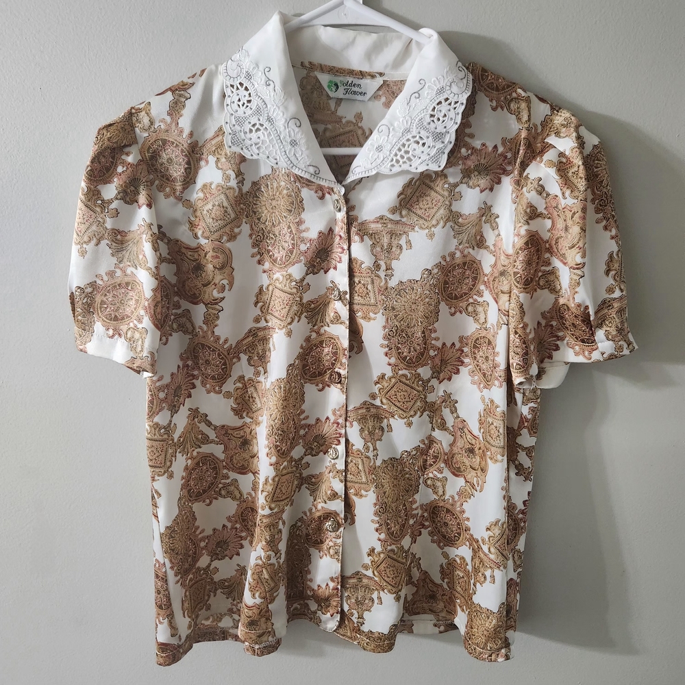 Vintage White and Brown Patterned Blouse